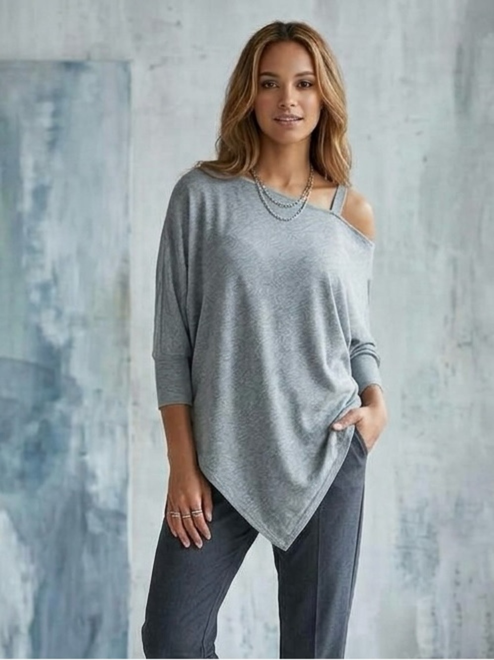 Umgee Boho Asymmetrical One Shoulder Poncho Sweater Gray Sz Medium